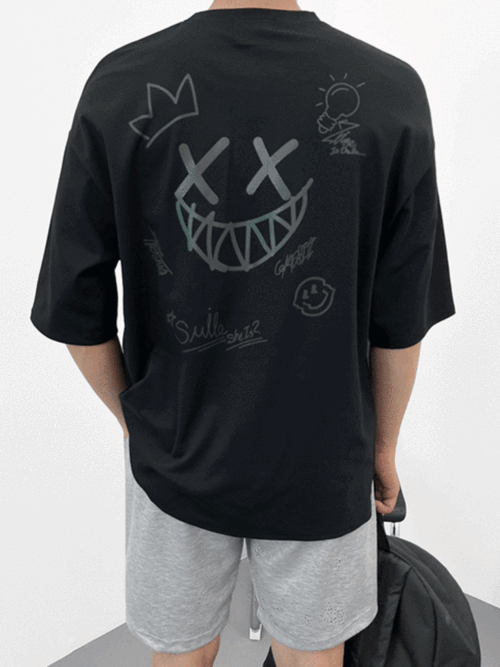 스마일 낙서 오버핏 프린팅 반팔 티셔츠 4302